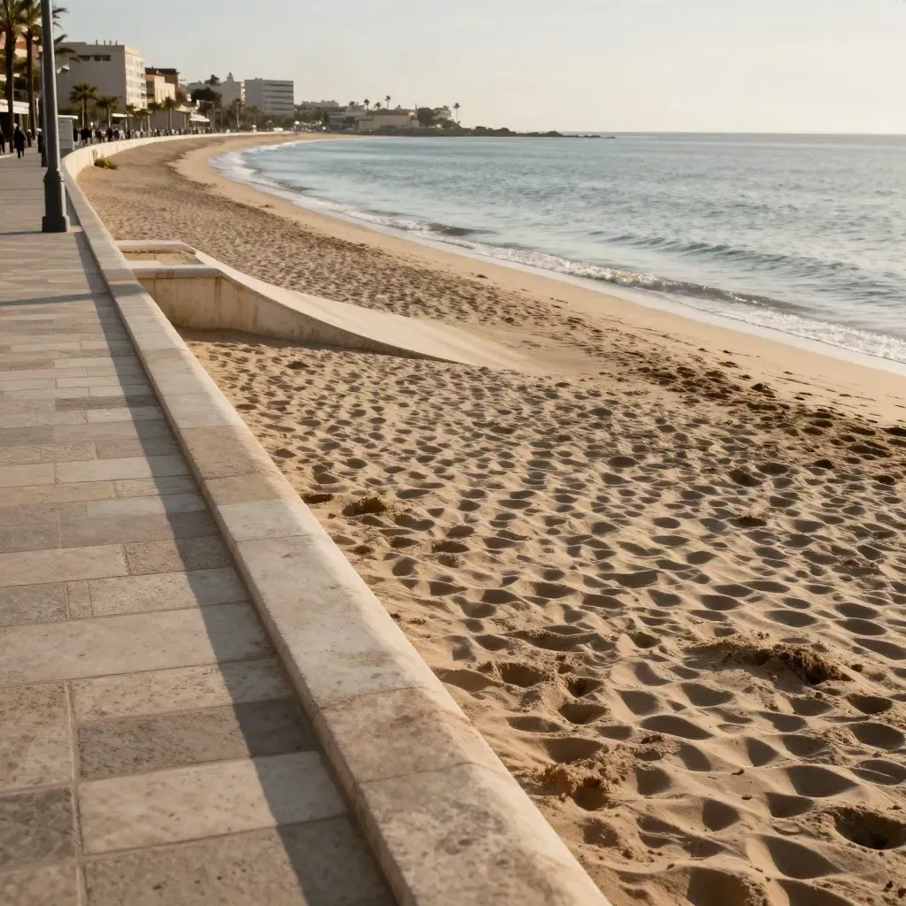 Vista elevada de Playa del Cargador con arena amplia, paseo urbano y mar en calma.