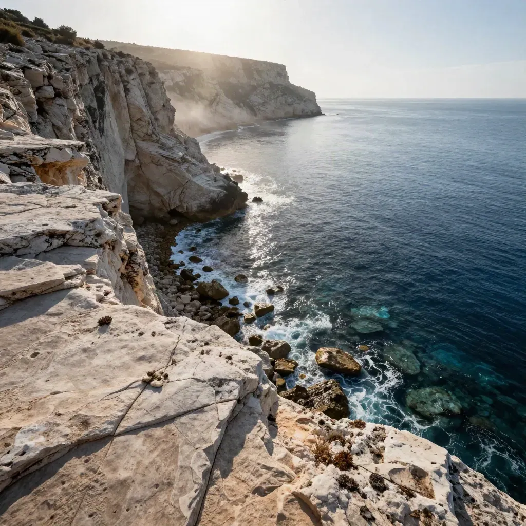 Cala del Ribamar desde un acantilado, con roca en primer plano y agua clara bajo una ola