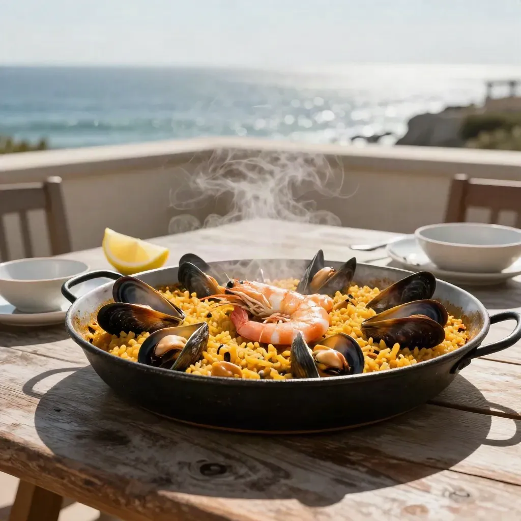 Arroz marinero humeante en cazuela sobre mesa rústica, con mejillones, gambas y mar suave al fondo
