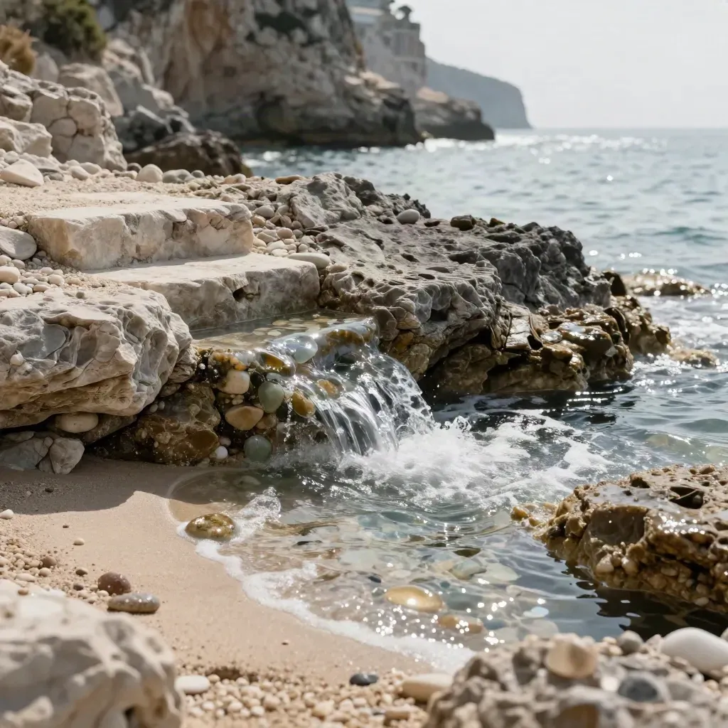Cala rocosa con poza cristalina, espuma suave y luz quieta entre piedras claras.